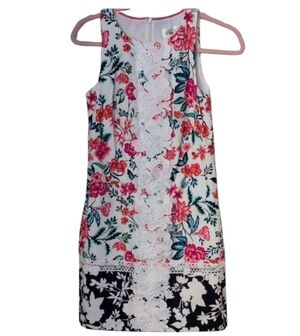 Eliza J Floral Womens Classy Dress - Pink/Red, White, and Navy With Lace Overlay